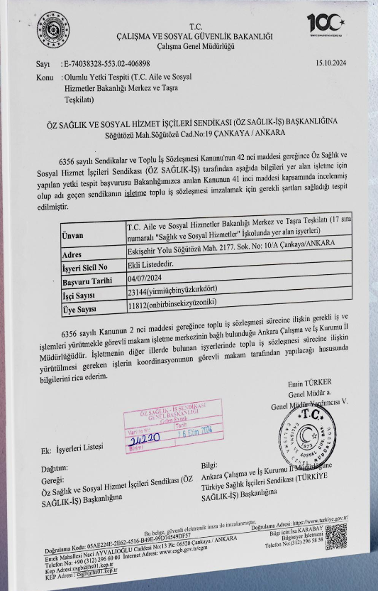 Aile ve Sosyal Hizmetler Bakanlığı’nda Yetki Yeniden Öz-Sağlık İş Sendikasında