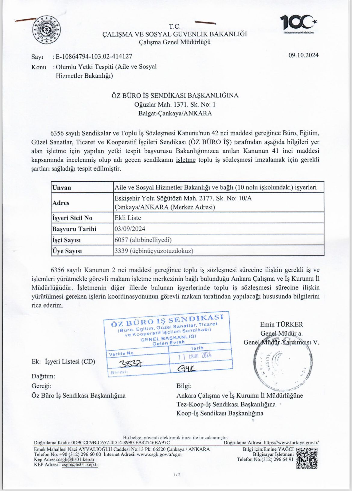 Aile ve Sosyal Hizmetler Bakanlığı 10 Nolu İş Kolunda Yetki Yeniden Öz Büro İş Sendikasında
