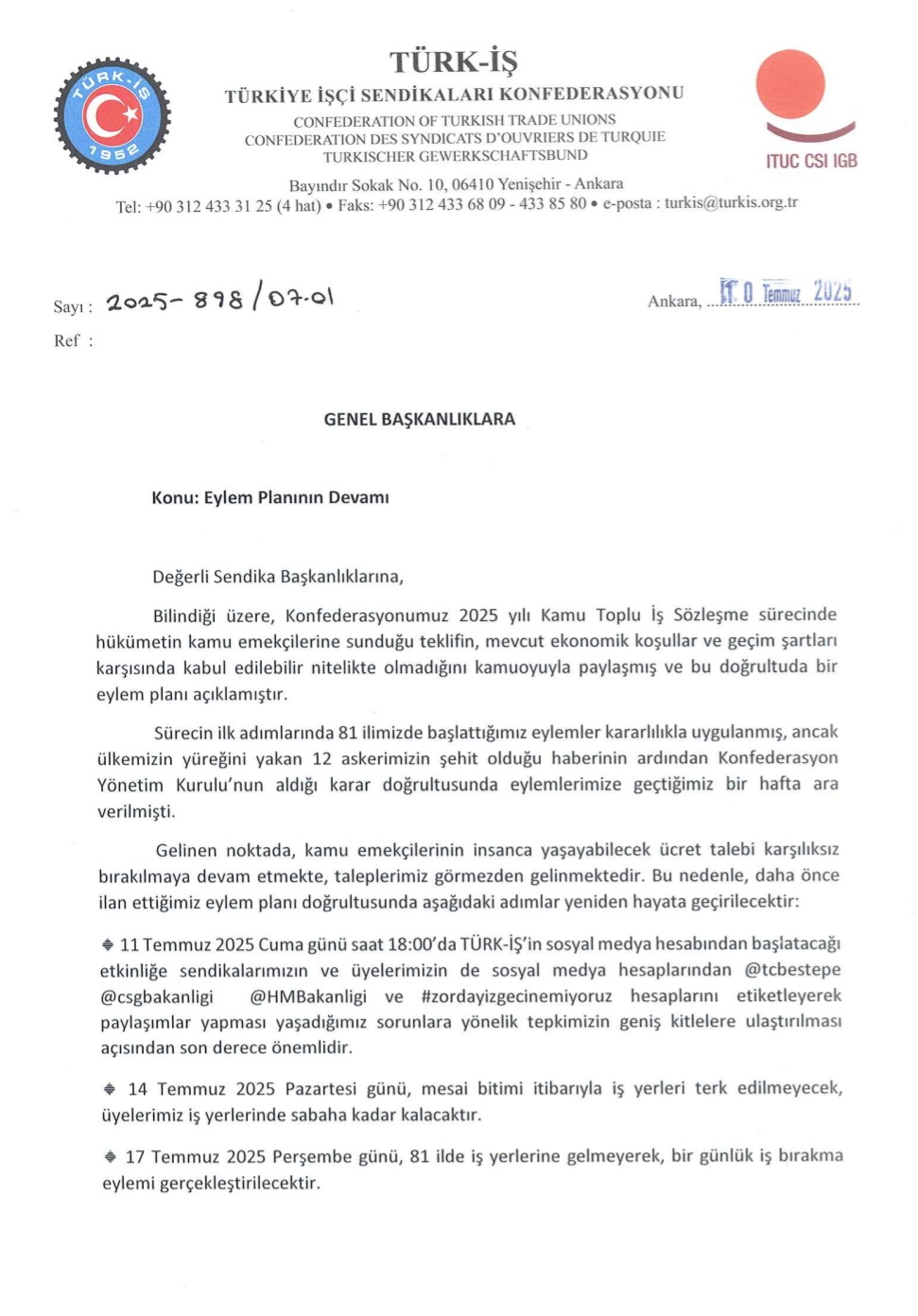 TÜRK-İŞ’ten Eylem Planının Devamı İçin Çağrı: “Haklı Taleplerimizin Arkasındayız”