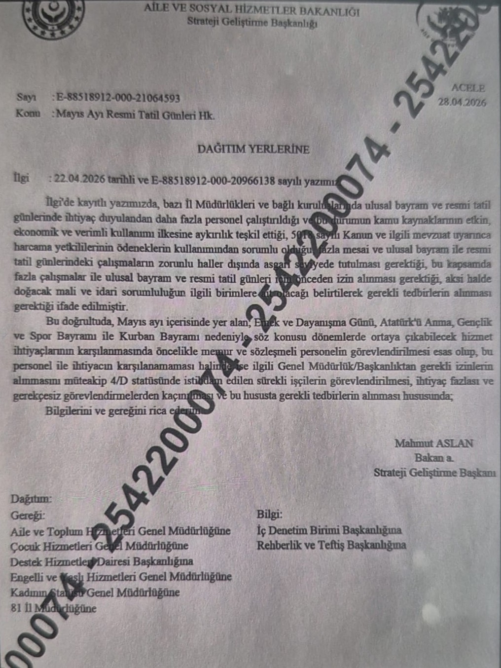 ASHB’den Resmi Tatil Mesaileri İçin Tasarruf Talimatı: “Öncelik Memur ve 4/B Personele Verilecek”